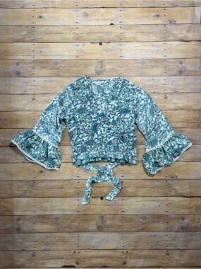NWOT-Karma Teal Paisley Wrap Crop Top with Bell-Size OS